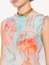 Top corto de gasa viscosa con estampado de hongos, con tiras de tela para atar en la espalda.