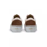Zapatillas Vans Old Skool Stackform, color beige con detalles en marrón y naranja, con plataforma blanca.
