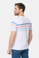 Remera de manga corta color gris jaspeado con cuello redondo y un patrón de rayas horizontales anchas en tonos pastel (azul, verde menta, rosado y amarillo). Presenta un pequeño logo bordado en el pecho.