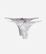 Kit de dos bombachas colaless hilo, una color lila y otra blanca, ambas con encaje negro y moño decorativo.