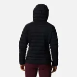Campera con capucha de plumas, color negro, con cierre frontal completo y logo de la marca en el pecho.