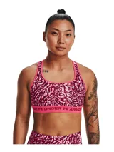 Top deportivo Under Armour con estampado abstracto en tonos verde militar y negro, breteles finos blancos y banda elástica con logo de la marca.