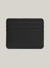 Tarjetero negro Tommy Hilfiger con pespuntes de rombos, múltiples ranuras exteriores para tarjetas e insignia del monograma TH dorada en la parte delantera.