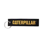 Llavero con cinta de tela negra bordada con el logo de Caterpillar en amarillo y un aro metálico para llaves.