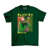 Remera negra de algodón con estampado inspirado en el anime 'Chainsaw Man', destacando un diseño gráfico vibrante.