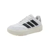 Championes Adidas Courtblock Bold para dama, color blanco con las tres tiras laterales en negro y detalles en gris.