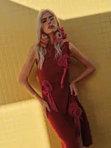 Vestido midi de lurex color ladrillo, con cuello redondo y corte ajustado. Decorado con apliques de rosas de tela color rosa chicle.