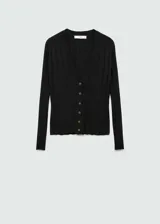 Cárdigan negro de punto fino con cuello pico, corte recto, cierre frontal con botones y mangas largas.