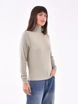Polera color verde claro de tejido acanalado, con cuello alto y mangas largas.