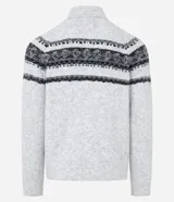 Suéter de punto gris con cuello alto y manga larga. Presenta textura jacquard y estampa horizontal étnica en tonos negros.
