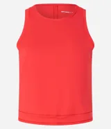Musculosa deportiva roja de microfibra, sin estampa, con cuello redondo y encaje en la espalda.