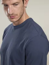 Remera azul marino de algodón con estampado en la espalda de un paisaje con un sol y montañas en tonos celeste, gris y blanco. Tiene la inscripción 'Benson & Thomas' en la parte superior.