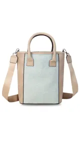 Matera color beige con diseño frontal de telar rayado en tonos pastel y correa de galón extensible.