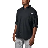 Camisa de hombre Columbia Tamiami II de manga larga color negro, con cuello abotonado, cierre frontal con botones, dos bolsillos en el pecho con cierre de velcro, tecnología Omni-Shade UPF 40 para protección solar y tecnología Omni-Wick para evaporación avanzada de la humedad. Cuenta con ventilación en la espalda y logo de la marca bordado en el pecho.