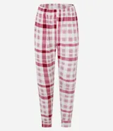 Conjunto de pijama largo de fleece, compuesto por una blusa de manga larga con cuello redondo y bordado "love", y un pantalón con cintura elástica, puños ajustados y estampado de cuadros.