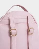 Mochila rosa de cuero sintético con bolsillo frontal con cierre y estampa de cerezas.