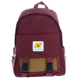 Mochila color bordó con detalles en marrón y amarillo.