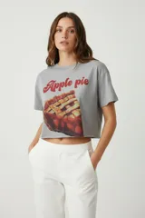 Remera gris de algodón con estampado de un pie de manzana y texto "Apple Pie" en rojo.