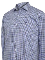 Camisa de manga larga con cuello italiano y bolsillo en el pecho con logo bordado. Diseño a cuadros en tonos azul, blanco y negro.