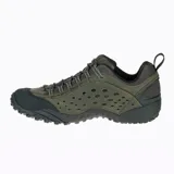 Zapato de senderismo color verde oliva con detalles en negro, capellada de cuero flor, forro de malla transpirable, plantilla anatómica Ortholite™, entresuela de espuma EVA moldeada por compresión y suela Vibram®.