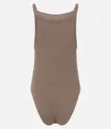 Body de mujer color blanco hueso, confeccionado en tejido de poliamida seamless acanalado. Presenta escote cuadrado y tirantes finos.