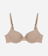 Soutien push up blanco de microfibra, con breteles regulables y cierre trasero con gancho. Marca Lov.