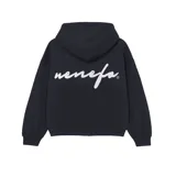 Buzo hoodie negro oversize de felpa con estampa de la marca en color blanco en la espalda.
