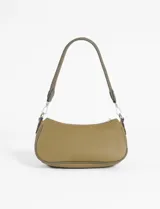 Cartera marrón con detalles en verde, doble correa, una corta para llevar al hombro y otra larga regulable de cuero vegano para usar como bandolera.