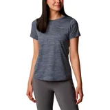 Remera deportiva Columbia color gris con estampado de líneas horizontales y logo de la marca en el pecho.