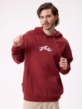 Canguro negro con capucha y cordones ajustables, bolsillo canguro frontal y logo de Rusty estampado en el pecho.