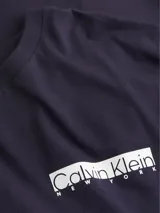 Remera azul marino de algodón con cuello redondo y mangas cortas. Estampado frontal con el logo de Calvin Klein enmarcado en un rectángulo blanco.