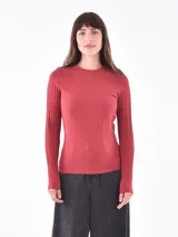 Remera bordeaux de mangas largas y cuello redondo, confeccionada en tejido de punto canalé.