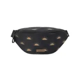 Riñonera reversible con un lado estampado y otro liso, vegana y repelente al agua, con compartimento principal y bolsillo lateral.
