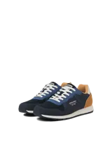 Championes Jack & Jones Arrow, color azul marino con detalles en azul claro y amarillo. Confeccionados en poliéster y poliuretano, con forro de mesh de poliéster, cierre de cordones y suela de goma EVA.