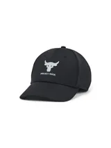Gorro Under Armour Project Rock negro con logo de toro blanco bordado en el frente.