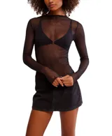 Top de manga larga negro, transparente y texturado, con cuello fruncido y terminación elástica.