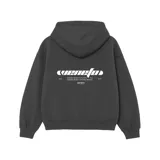 Buzo hoodie oversize color gris oscuro con estampa en la espalda con la palabra "venefa" en blanco.