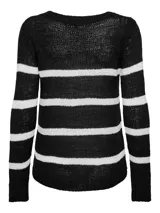 Sweater de punto negro con rayas horizontales blancas, cuello redondo y mangas largas.