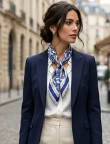 Pañuelo cuadrado de satén con estampado de arabescos en tonos terracota, blanco y marrón.