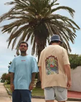 Remera celeste de manga corta con cuello redondo y estampado de hongos en el pecho.