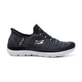Championes deportivos Skechers Hands Free Slip-ins Summits Everyday Set, color negro jaspeado con cordones elásticos fijos y plantilla acolchada Skechers Air-Cooled Memory Foam.