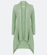 Cardigan largo de punto texturizado color ladrillo, con abertura frontal y terminación en puntas.