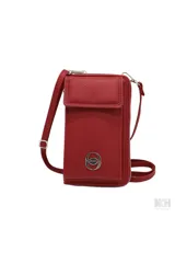 Billetera tipo portacelular de color beige con correa larga regulable. Presenta un compartimento principal con cierre superior y un bolsillo frontal con solapa decorado con el logo metálico de la marca Las Oreiro.