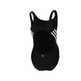 Malla enteriza de natación Adidas, color negro con logo blanco en el pecho y tres franjas blancas en los laterales.