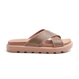 Sandalias negras con plataforma, tiras cruzadas con apliques brillantes y suela track.