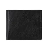 Billetera de cuero negro con textura jaspeada y cierre interior.