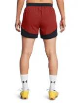 Short deportivo Under Armour Challenger Pro para mujer, color ladrillo con cintura y laterales negros. Logo de la marca en blanco en la pierna derecha.