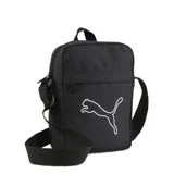 Bandolera Puma Plus negra con logo blanco estampado.