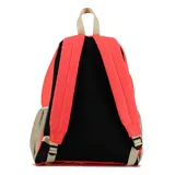 Mochila Diadora de estilo escolar, color naranja neón con bolsillo frontal y detalles en beige. Presenta el logo de Diadora en color dorado en la parte superior.