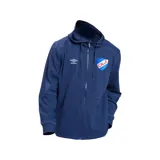 Canguro azul marino con cierre frontal, bolsillos y capucha. Presenta detalles en líneas blancas y el logo del Club Nacional de Football bordado en el pecho.
